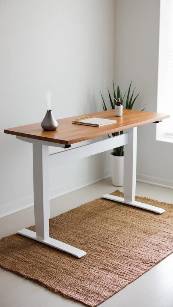 Height‑adjustable standing desk with programmable controls and smooth wood surface in a therapy office