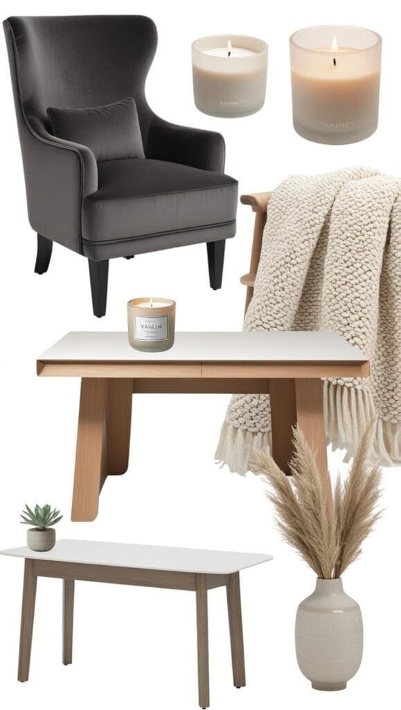 Tabletop mood board with fabric swatches, paint chips and inspirational photos for planning a therapy office design
