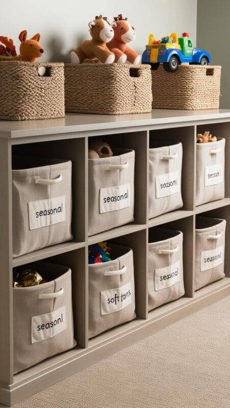 Practical child therapy room storage with labeled fabric bins and organized shelves designed for accessibility and visual clarity.
