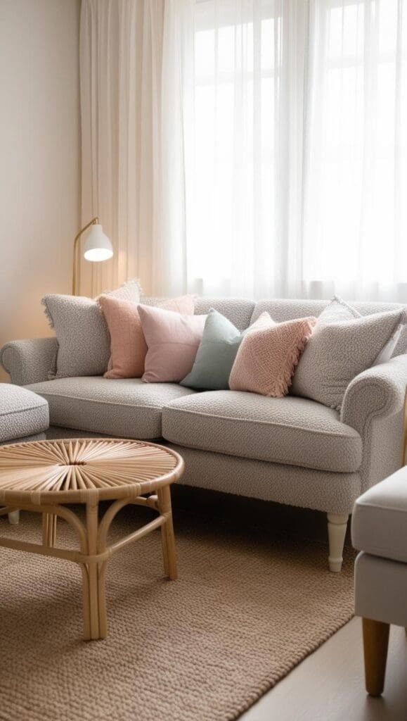 Therapy office with a plush two‑seater sofa, soft throw pillows, and muted wall art in a bright, calming space
