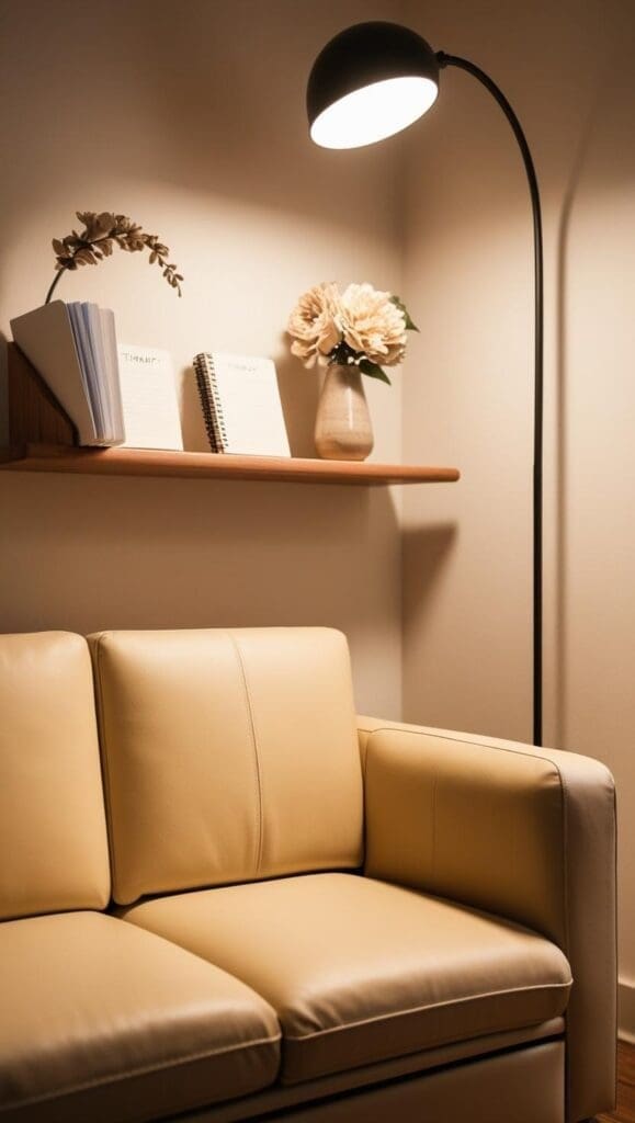 Modular sectional sofa in soft upholstery arranged in an L‑shape around a round coffee table in a therapy office
