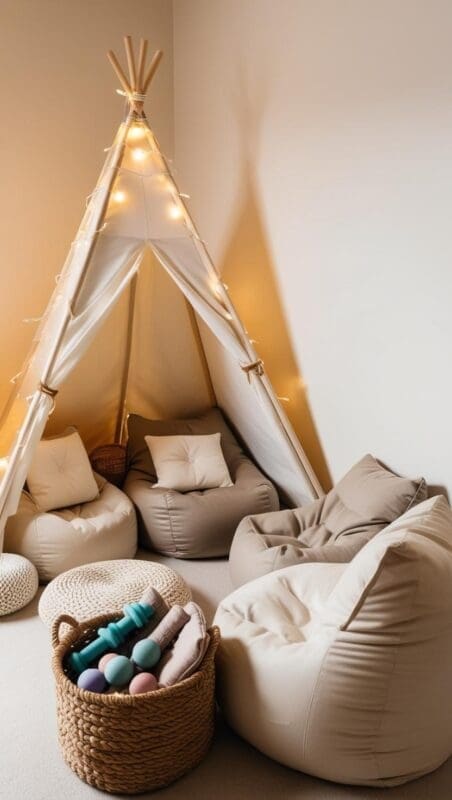 Therapy room cozy corner with bean bags, weighted blankets, a canopy tent, and soft lighting for child emotional regulation.