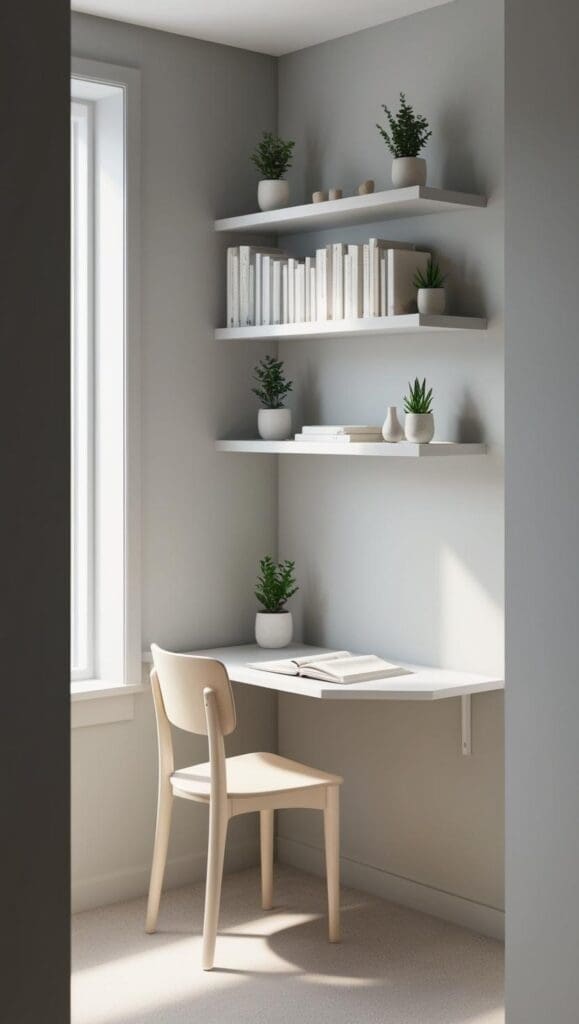 Compact desk under 40 inches wide with open shelves in a small, neutral‑toned therapy workspace