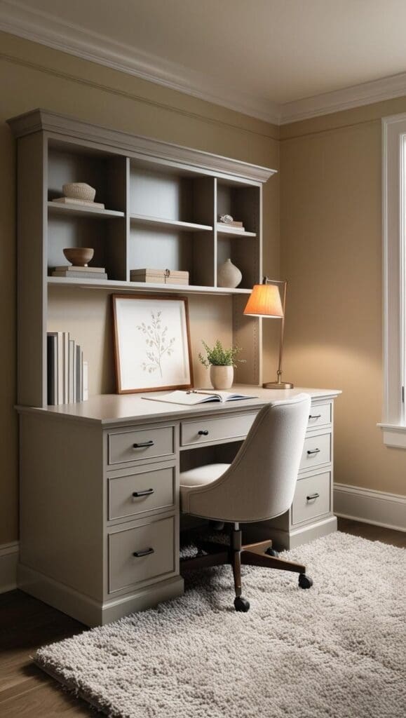 Wooden desk featuring built‑in shelves and closed cabinetry storing therapy supplies in a calm office corner