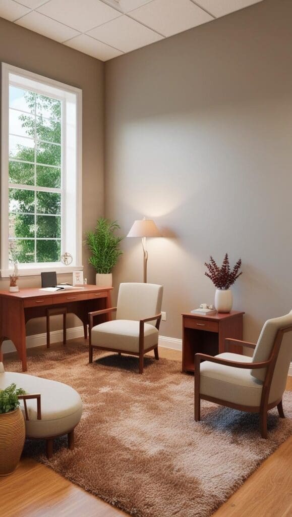 Therapy office layout showing desk placement near a window and separate client seating area