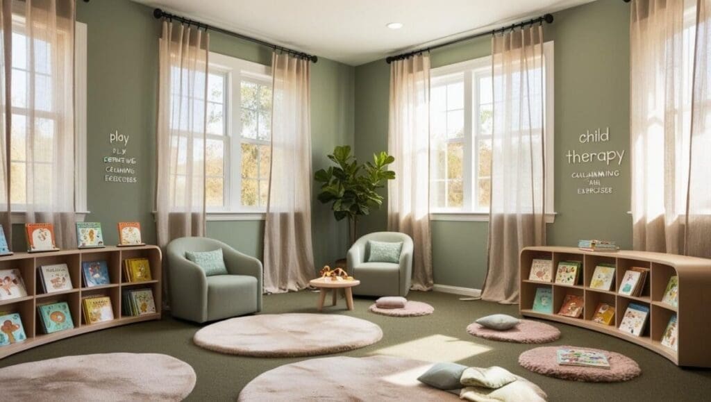 Child therapy room with natural light, soft green walls, cozy seating, and organized activity zones for play and creativity.