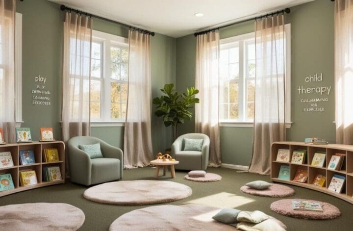 Child therapy room with natural light, soft green walls, cozy seating, and organized activity zones for play and creativity.