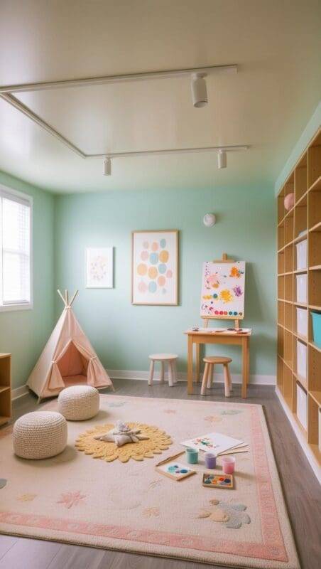 Child therapy room layout with distinct zones for calming, movement, creative expression, and organized storage.