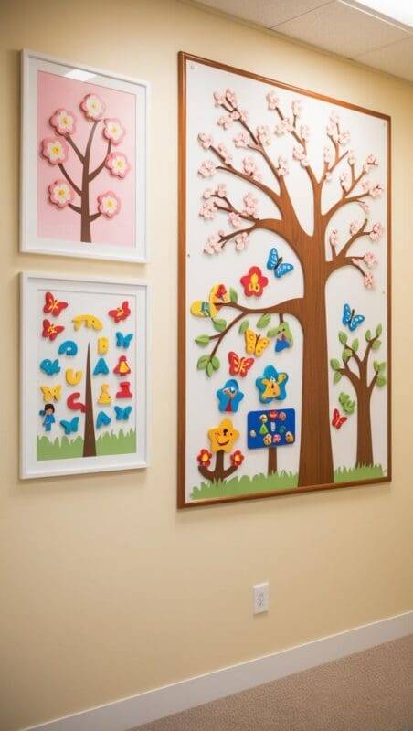 Therapy room wall featuring calming symbolic art and an interactive magnetic board for child storytelling and expression.