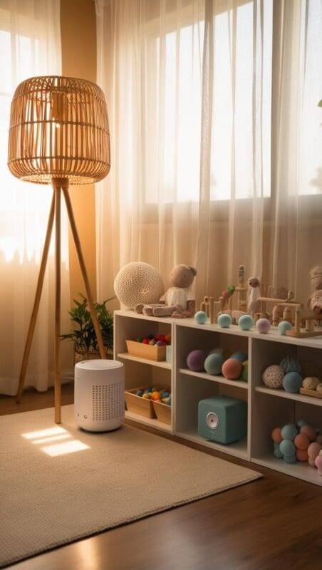 Child therapy room with warm dimmable lighting, sheer curtains for natural light diffusion, and sound elements for sensory comfort.