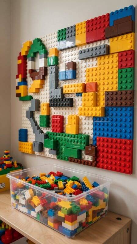 Interactive Lego wall in a child therapy room encouraging creative play, fine motor development, and symbolic storytelling.