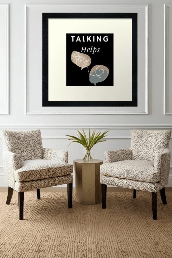 Minimalist abstract wall art framed above a sofa in a soothing counselor’s office