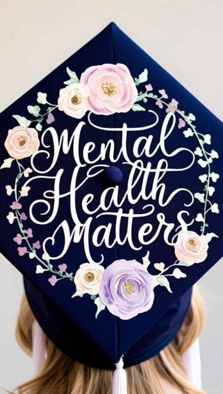 Decorated counselor graduation cap with brain and heart design and “Mental Health Matters” text