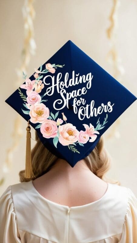 Graduation cap with quote "Holding Space for Others" and floral detail