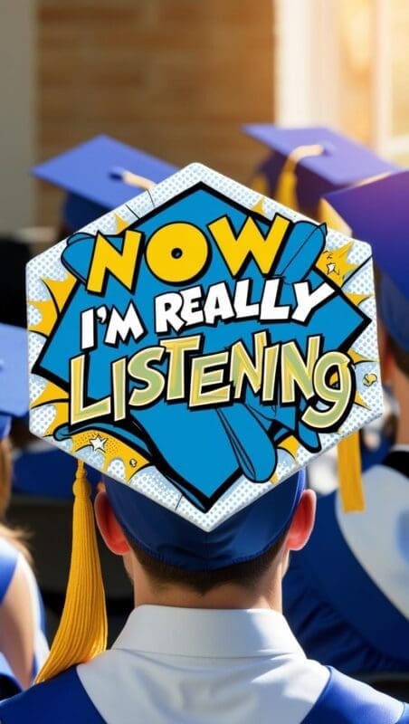 Counselor graduation cap with humorous quote and cartoon accents.