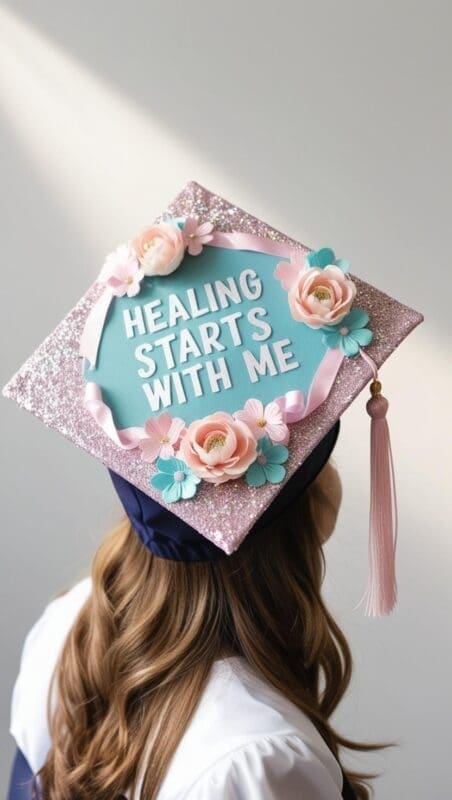 Graduation cap decorated with self-care icons and motivational quote.