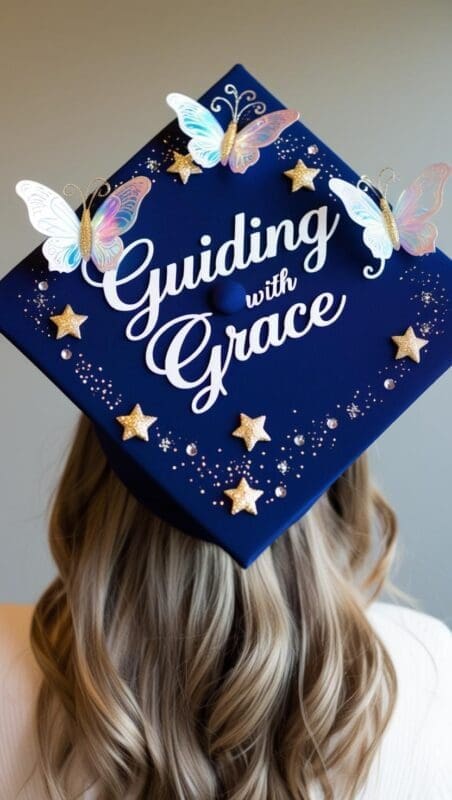 Graduation cap featuring butterfly, stars, and spiritual message.