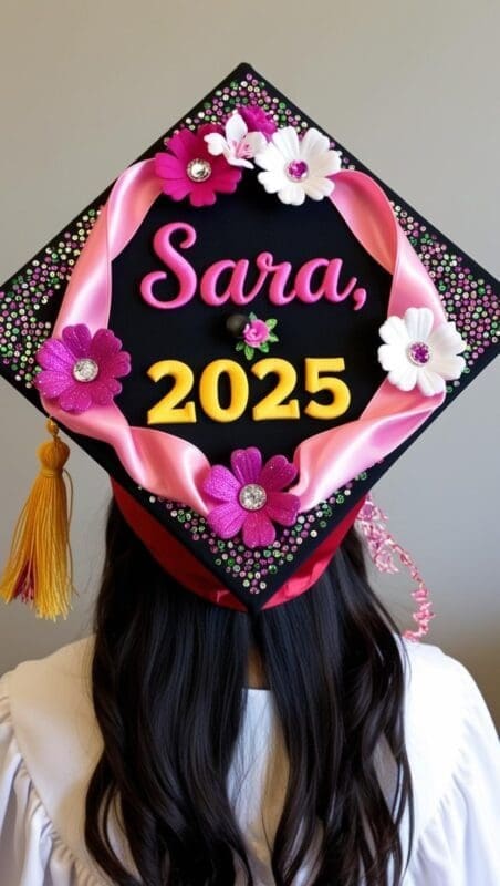 Personalized graduation cap with name, degree, and decorative trim.