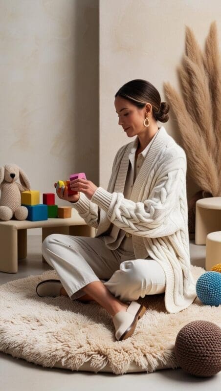 Child therapist sitting cross-legged in a cozy office, wearing layered cotton and knit fabrics that support sensory comfort and emotional regulation.