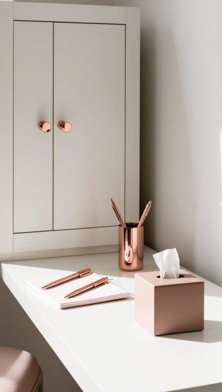 calm therapist office organization with white cabinet, pink tissue box, and feminine desk accessories