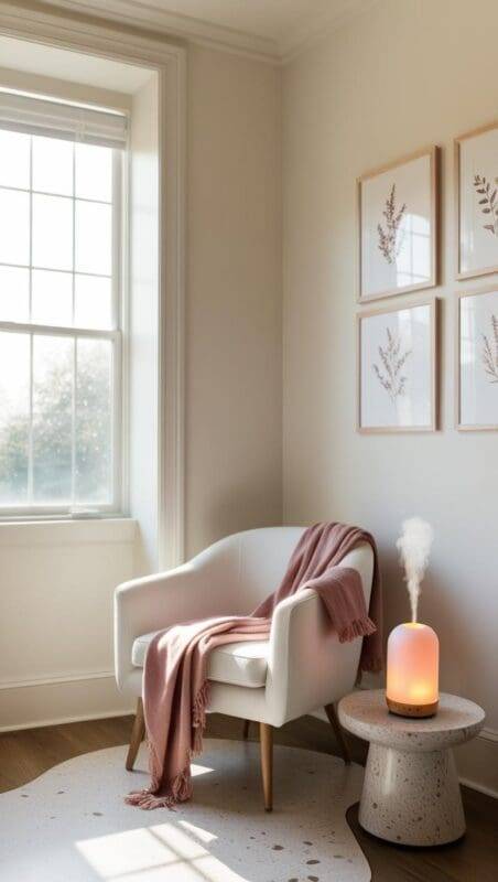 therapy room decor with botanical wall art, diffuser, blush throw, and feminine color palette