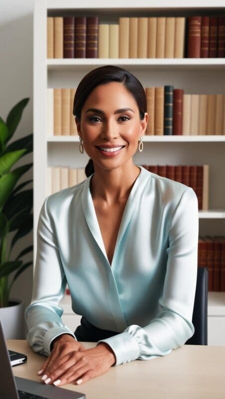 Therapist on a video call wearing a soft blue top, seated in front of a clean, calming background with good lighting for teletherapy sessions.