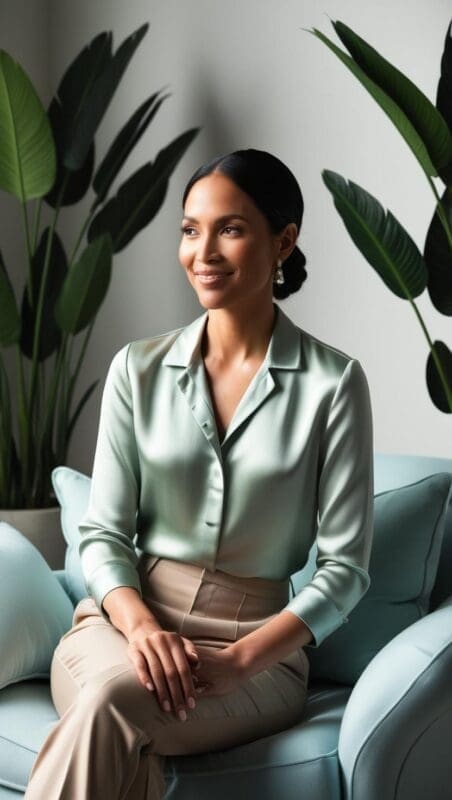 Therapist in sage green blouse and beige trousers seated in a calming, plant-filled office, wearing colors that promote trust and emotional safety.