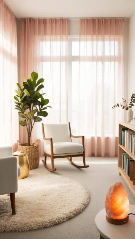 feminine therapy office with rocking chair, soft textures, pastel sensory tools, and calming affirmations