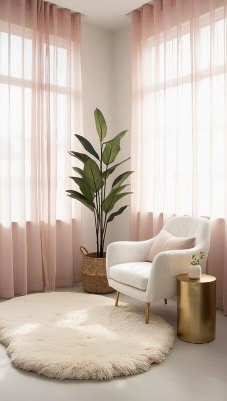 cozy modern therapy office setup with natural light, blush curtains, white armchair, and indoor plant