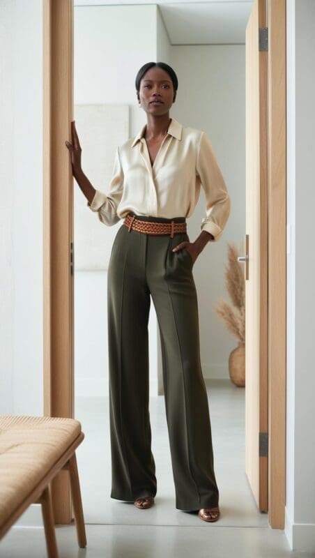 Female therapist in an earthy-toned outfit standing at a doorway, wearing olive pants and a cream top, styled for trauma-informed or relational therapy.