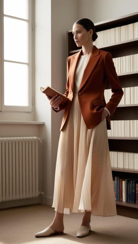 Counselor wearing a tailored blazer over a flowy midi dress, showing how structured and soft silhouettes can be combined for balanced professional style.