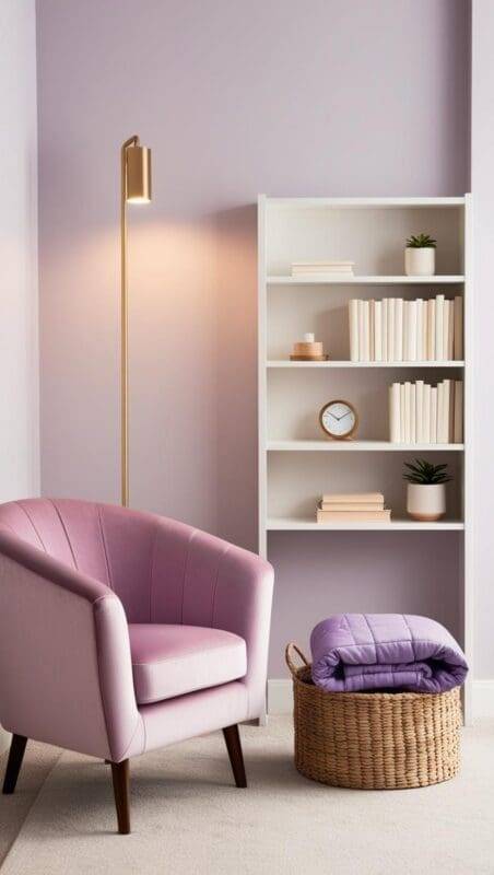 minimalist therapist room with velvet chair, soft lighting, diffuser, and folded weighted blanket