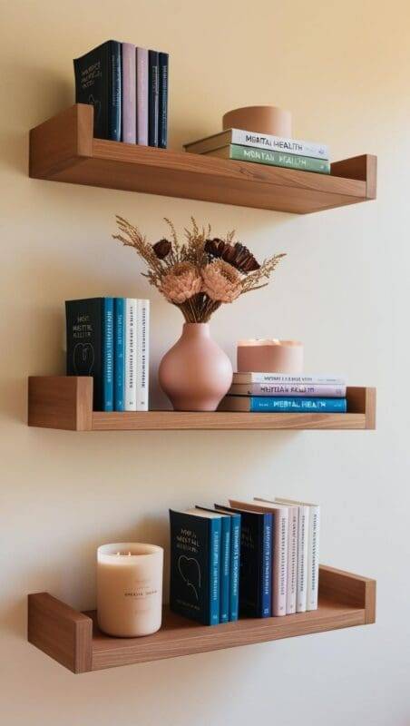 therapy book display with mental health books, pink vase, candle, and soft shelf styling