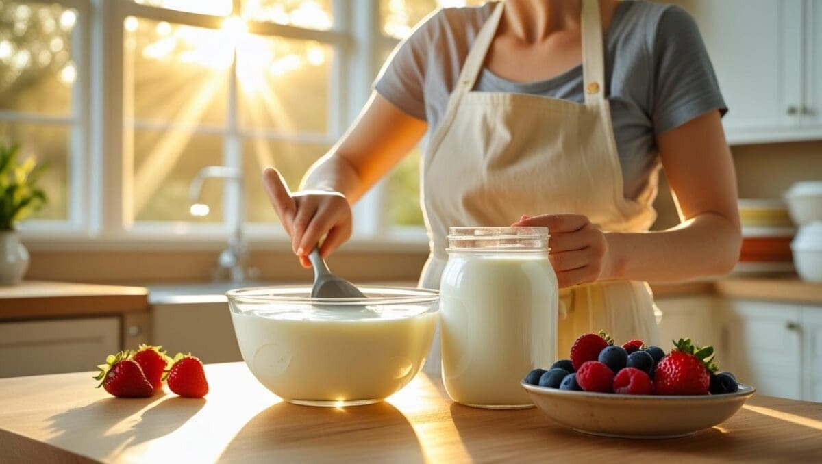 Woman having a calm, happy moment in a sunlit kitchen, with homemade yogurt, berries, and a feeling of fresh starts and wellbeing.