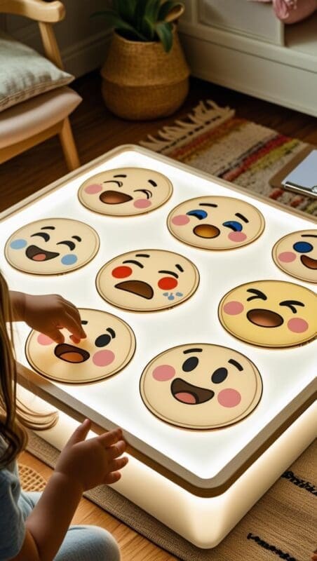 child sorting emotion cards on light table in school counselor's office

