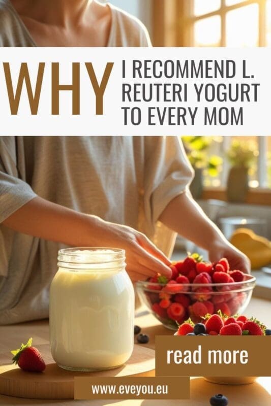 Mom preparing homemade L. reuteri yogurt in her kitchen, feeling hopeful for better gut health.