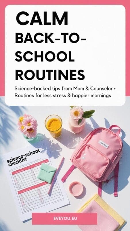 Pinterest pin featuring calm back-to-school routine tips for kids, checklist, breakfast, and gentle decor.

