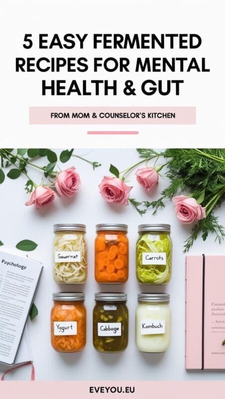 bold headline about fermented recipes for mental health and gut, featuring a flat-lay of assorted jars, a psychology book, and bright, cozy kitchen elements.