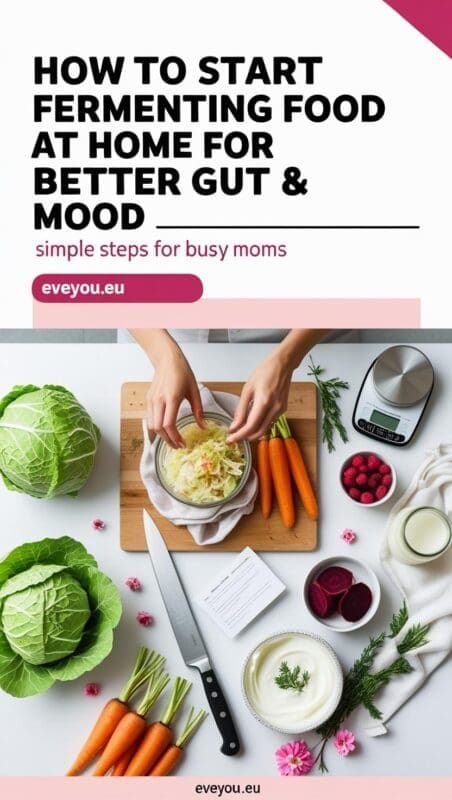 Vertical Pinterest pin with bold text about starting fermented foods at home for gut and mood health, featuring a flat-lay of homemade fermented veggies and yogurt, styled with feminine flowers and kitchen tools.