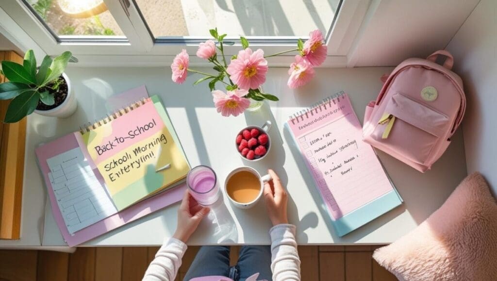 Feature image for calm back-to-school routines, with a sunlit breakfast table, smoothie, school checklist, child’s backpack, and feminine touches for a cozy family morning.