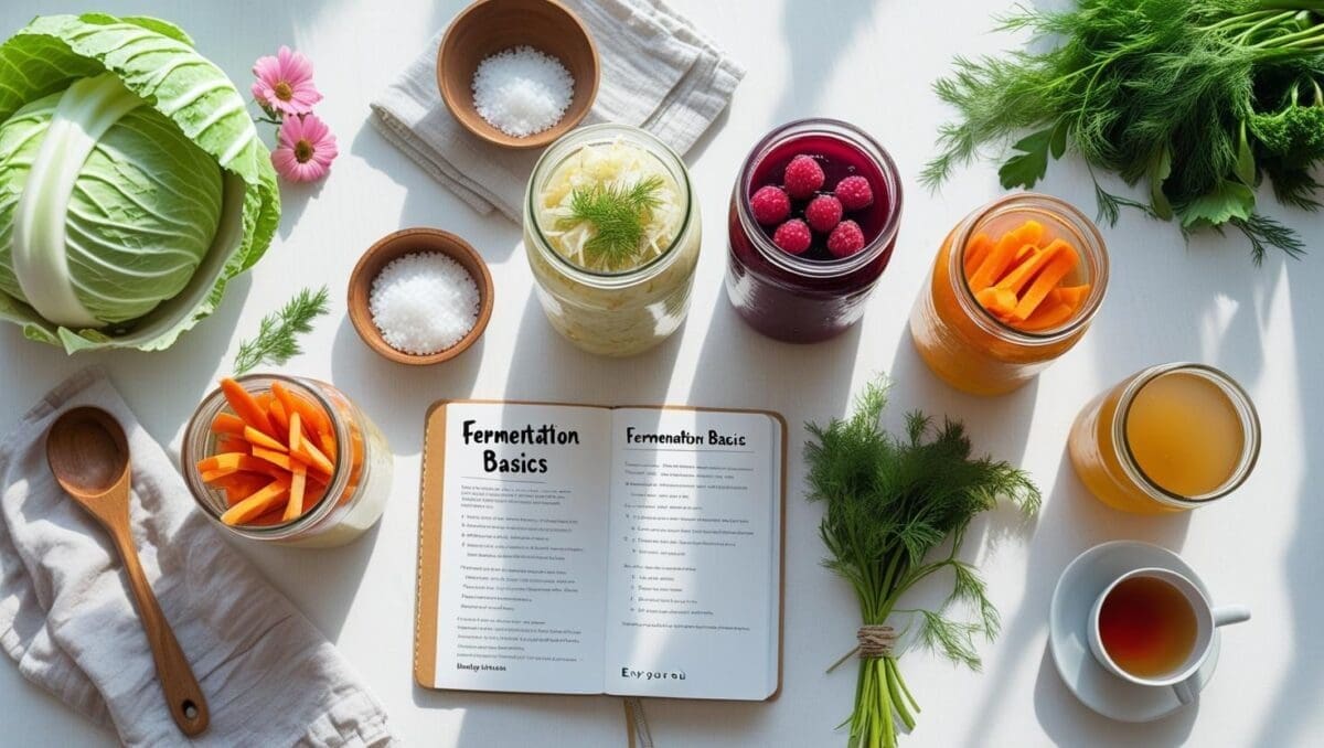 Feature image with glass jars of homemade fermented foods (sauerkraut, carrots, yogurt, kombucha) on a bright kitchen table with feminine touches, herbs, and a handwritten recipe, for a family wellness blog.