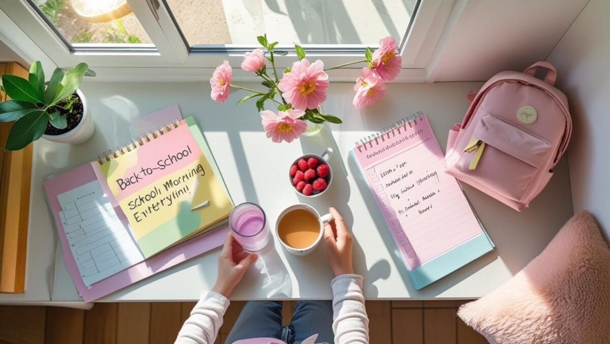 Feature image for calm back-to-school routines, with a sunlit breakfast table, smoothie, school checklist, child’s backpack, and feminine touches for a cozy family morning.