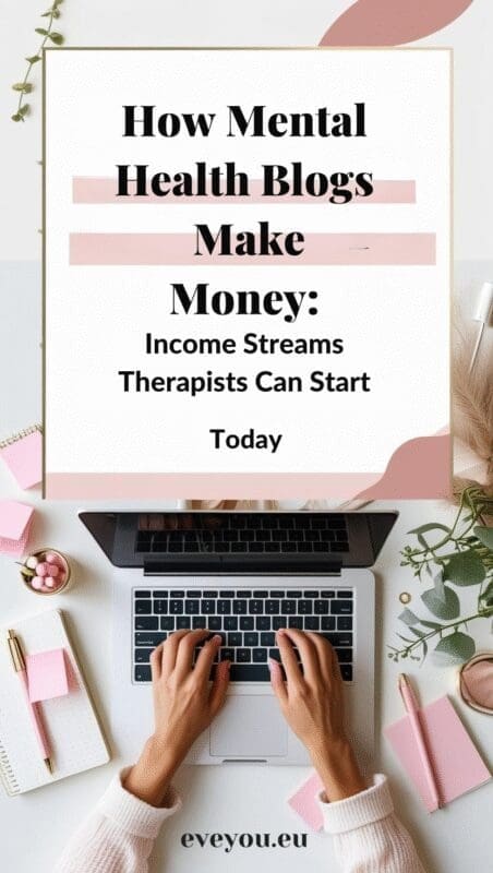 Pinterest pin showing income streams for mental health blogs, with cozy desk flat-lay and feminine branding.