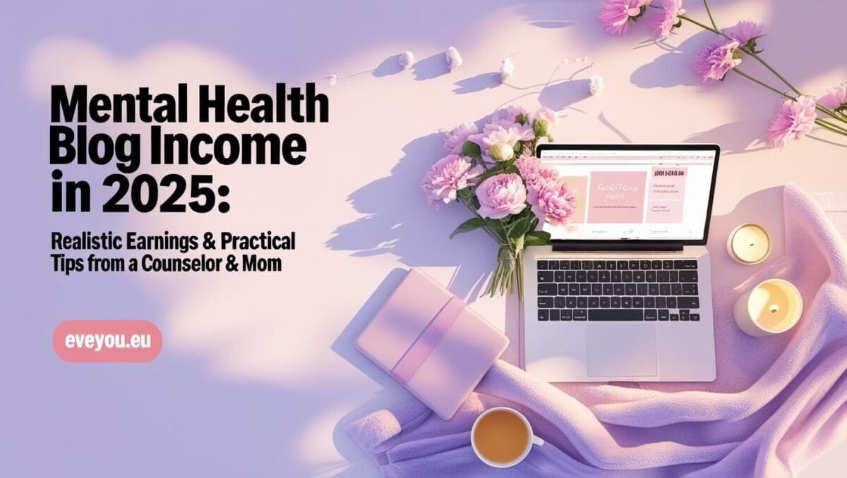 mental health blog income in 2025, featuring cozy workspace flat-lay, notebook, flowers, and gentle pastel aesthetics.
