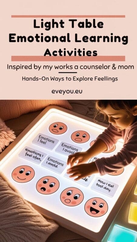 Pinterest pin showing light table emotional learning activity with labeled emotion sorting, created by a school counselor and mom for mindful connection.