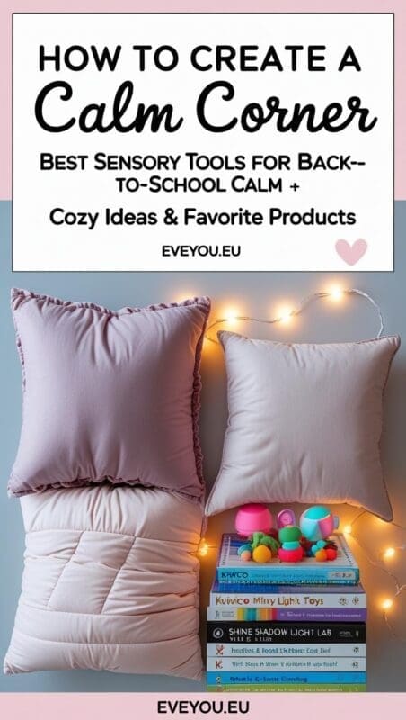 Pinterest pin with calm corner ideas, sensory toys, cozy blankets, and calming lights for kids.


