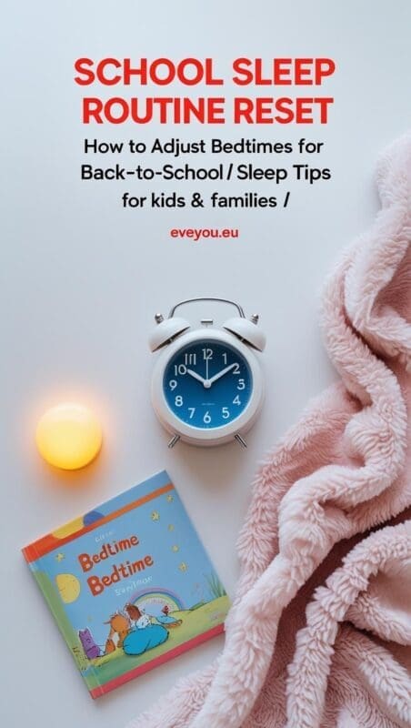 Pinterest pin about back-to-school sleep routines with bedtime story, soft lighting, and cozy decor.

