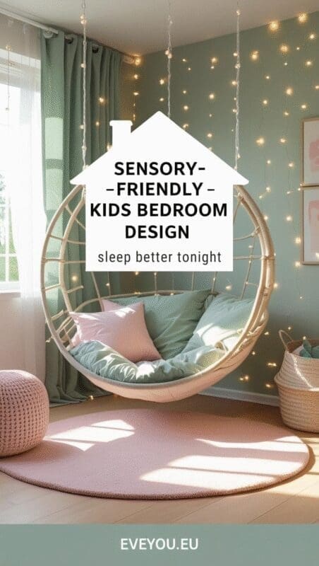 Pinterest pin featuring a bright, pastel kids’ bedroom with a pod swing and fairy-light accents; white house-shaped overlay reads ‘Sensory-Friendly Kids Bedroom Design—Calm • Play • Sleep better tonight’ with EVEYOU.EU logo.”