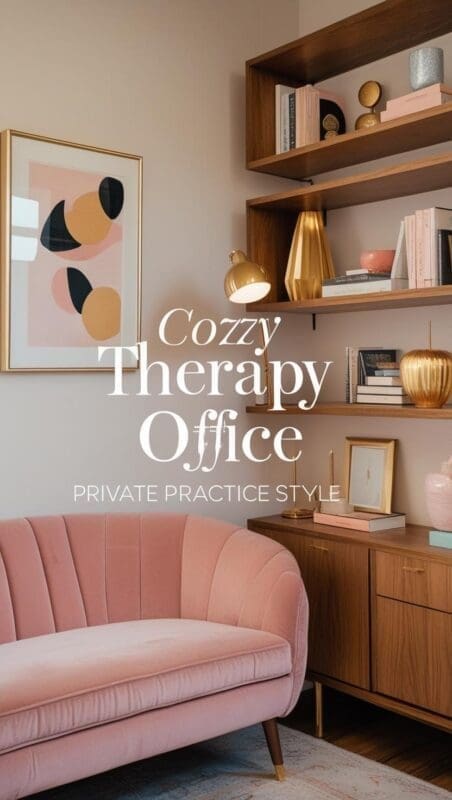 Blush-toned private counseling office featuring velvet sofa and wool rug