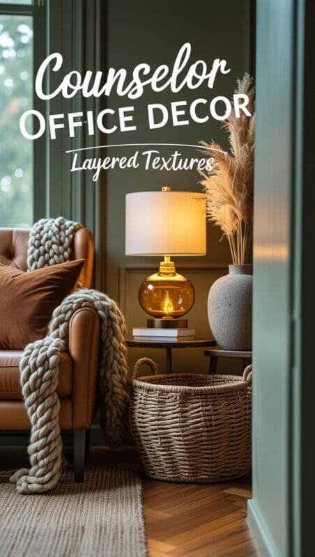 Layered textures in counseling office: wool throw, rattan basket, curved walnut table